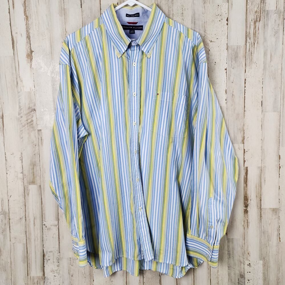 Tommy Hilfiger Striped Button Down Shirt Blue Yellow Size XL